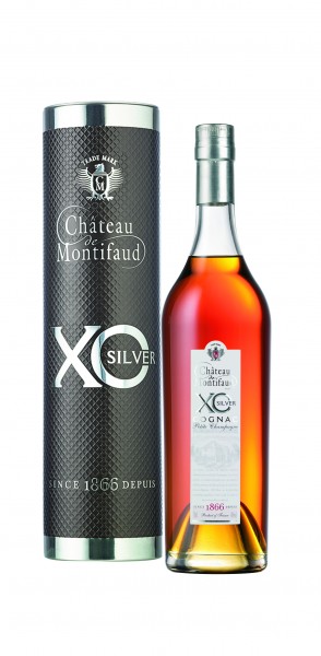 Cognac XO Silver Chateau Montifaud in dekorativer Metallröhre