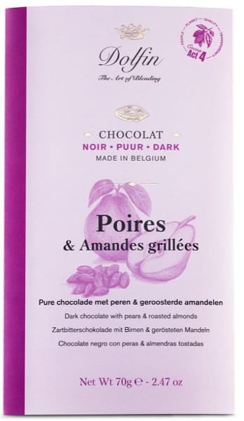 Dolfin Birne und geröstete Mandel Schokolade 52% Kakao 70g Tafel